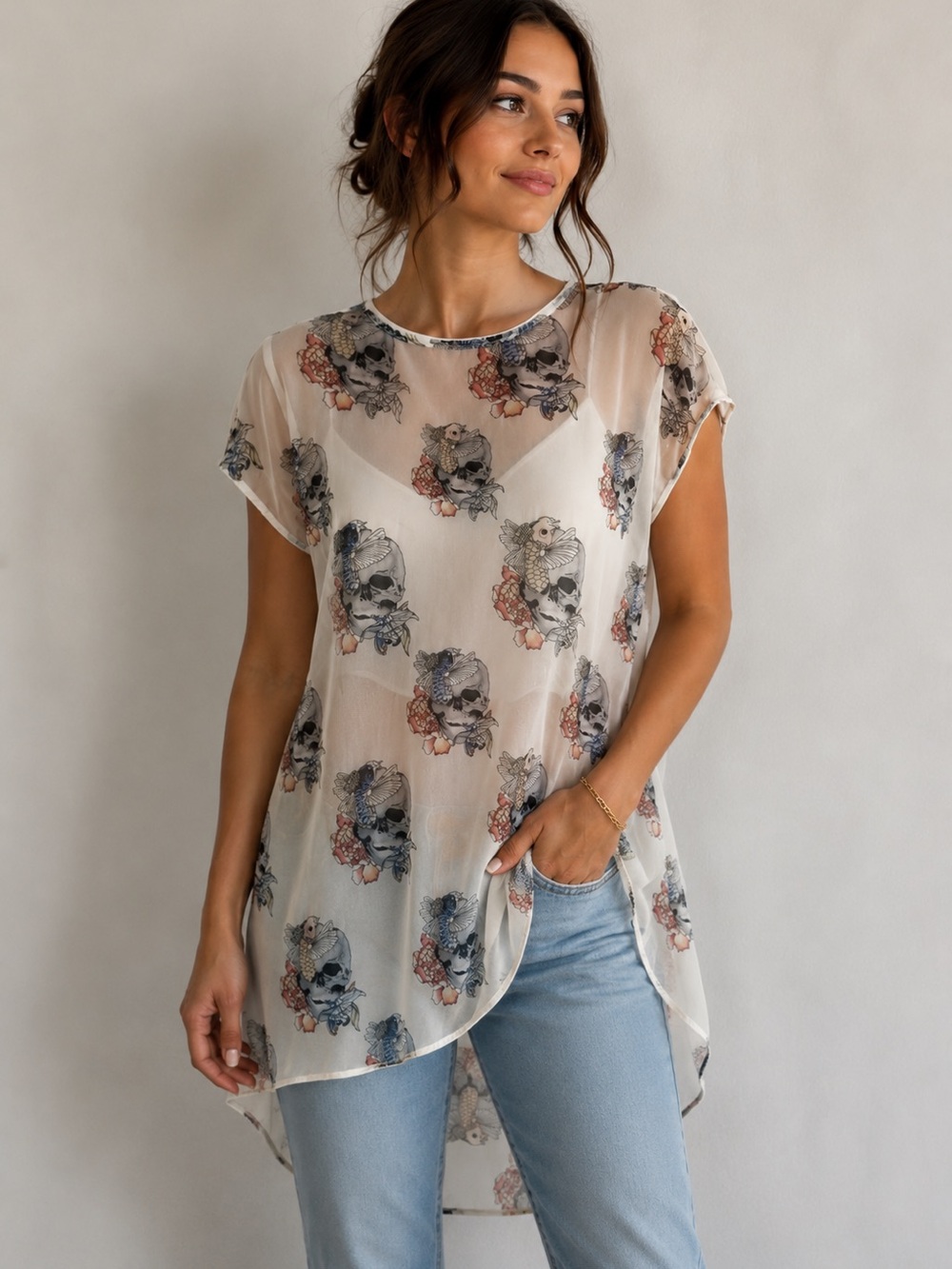 Chelsea & Violet Cream Sheer Floral Skull High-Low Tunic
